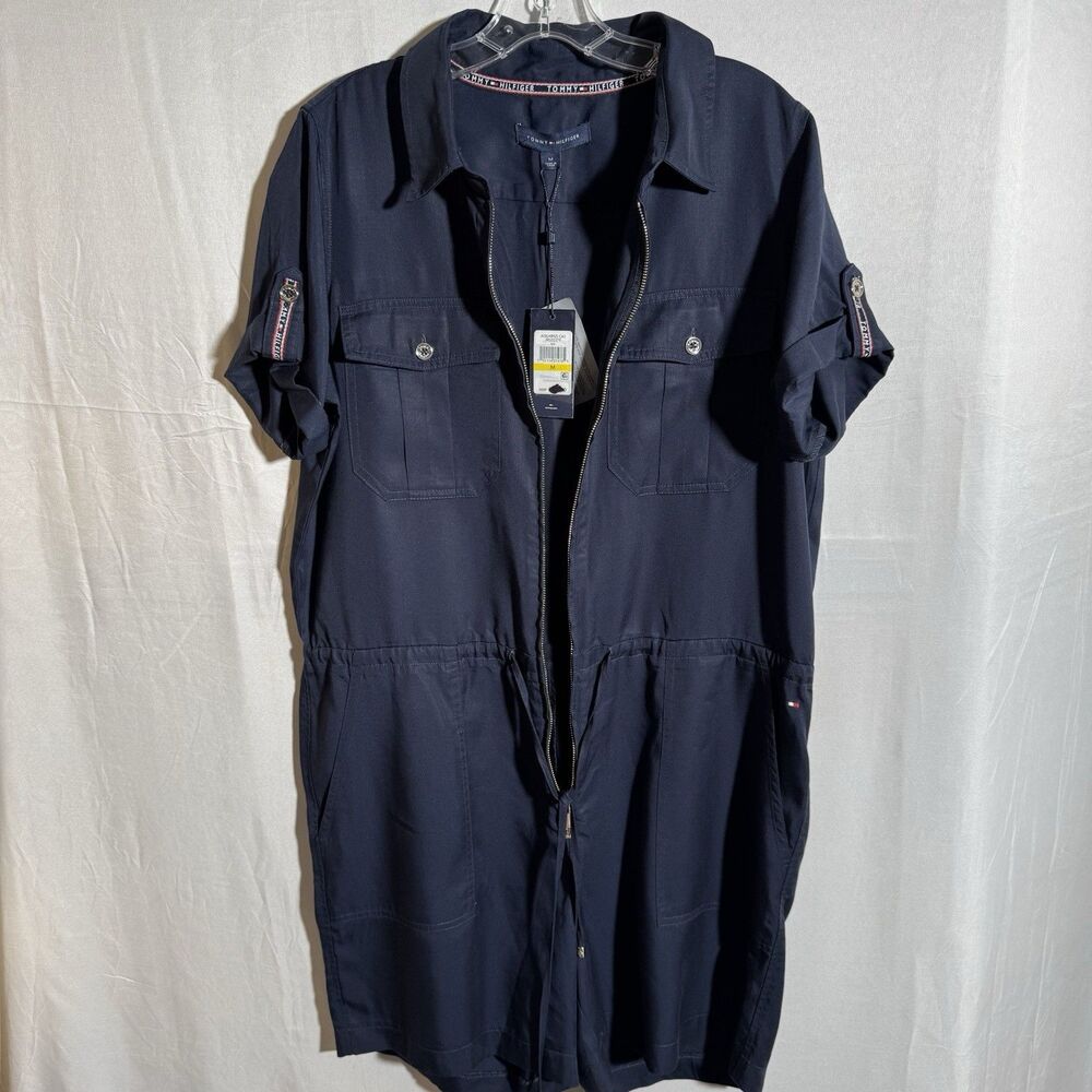 Tommy Hilfiger Women’s Navy Zip Front Utility Romper Shorts M NWT Short Sleeves - Picture 2 of 11